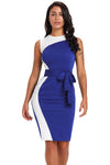 Asymmetric Blue White Patchwork Belted Sheath Dress