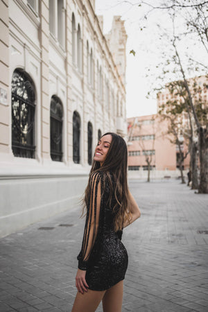 Black Sequin Tassel Sleeve Bodycon Evening Dress