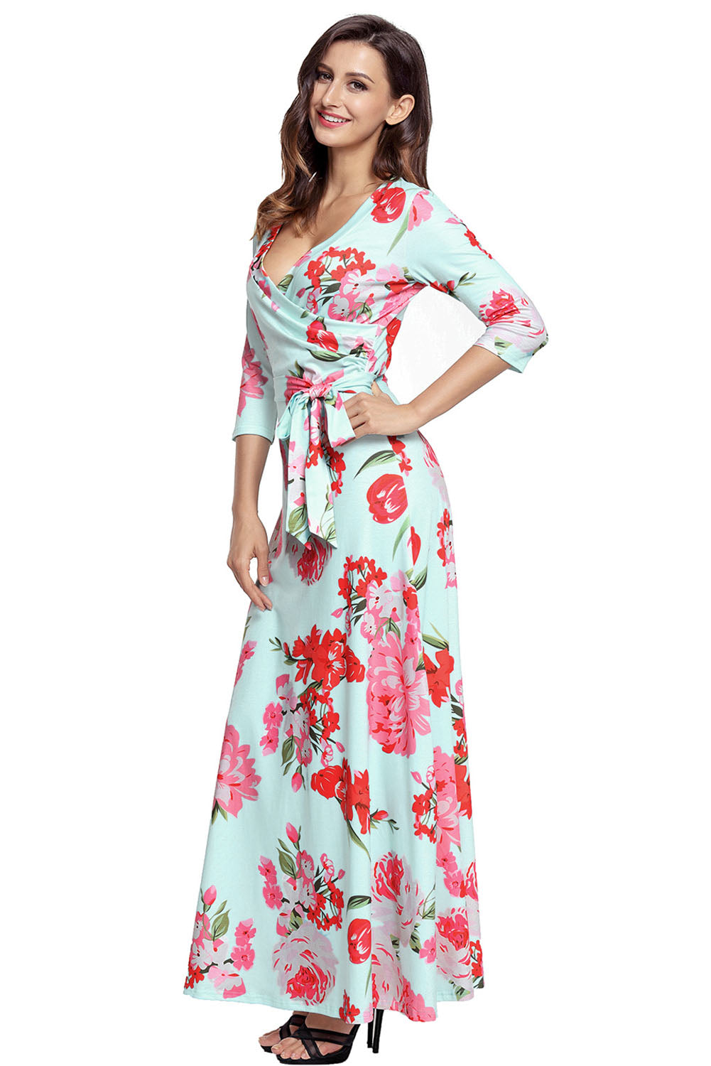 Turquoise Floral Print Wrapped Long Boho Dress