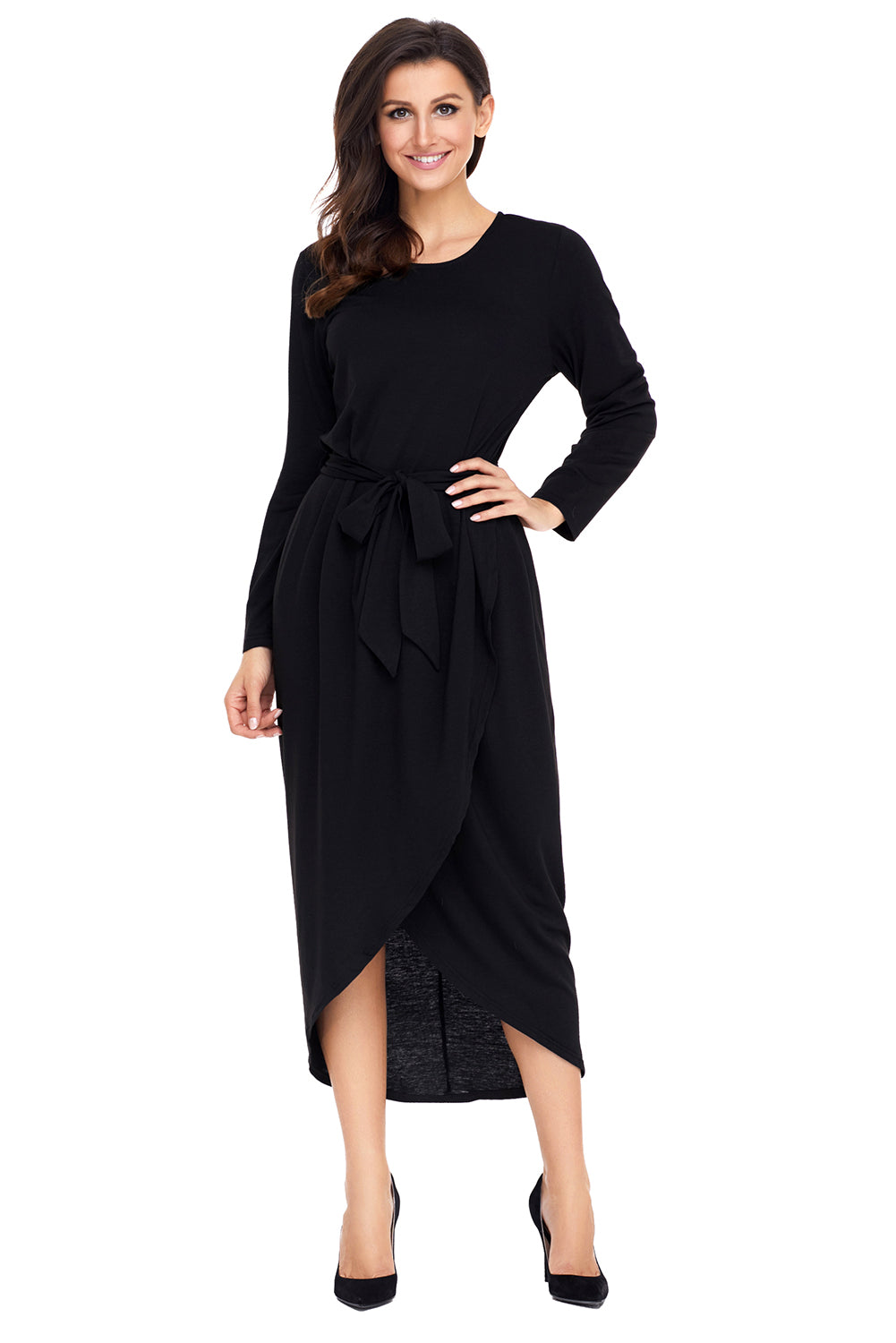 Black Tulip Faux Wrap Sash Tie Jersey Dress