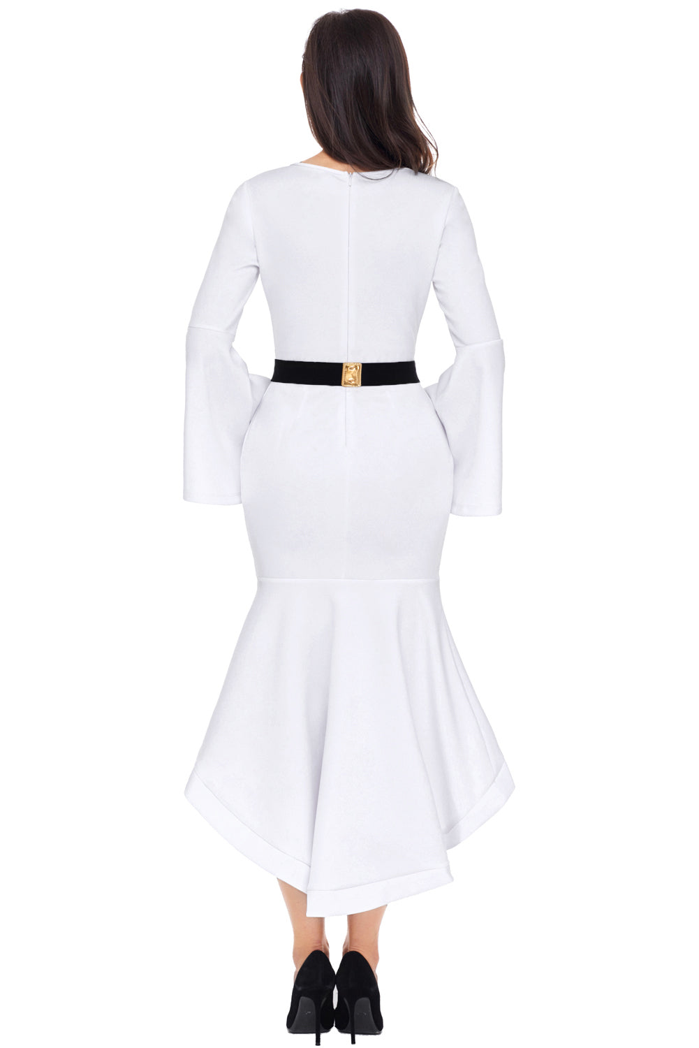 White Bell Sleeve Dip Hem Belted Dress