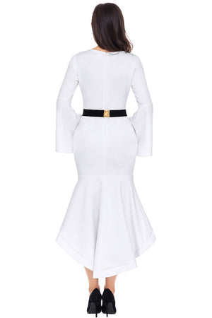 White Bell Sleeve Dip Hem Belted Dress
