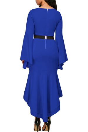 Royal Blue Bell Sleeve Dip Hem Belted Dress