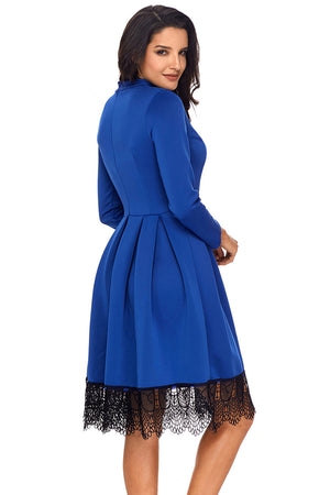 Lace Hemline Detail Royal Blue Long Sleeve Skater Dress