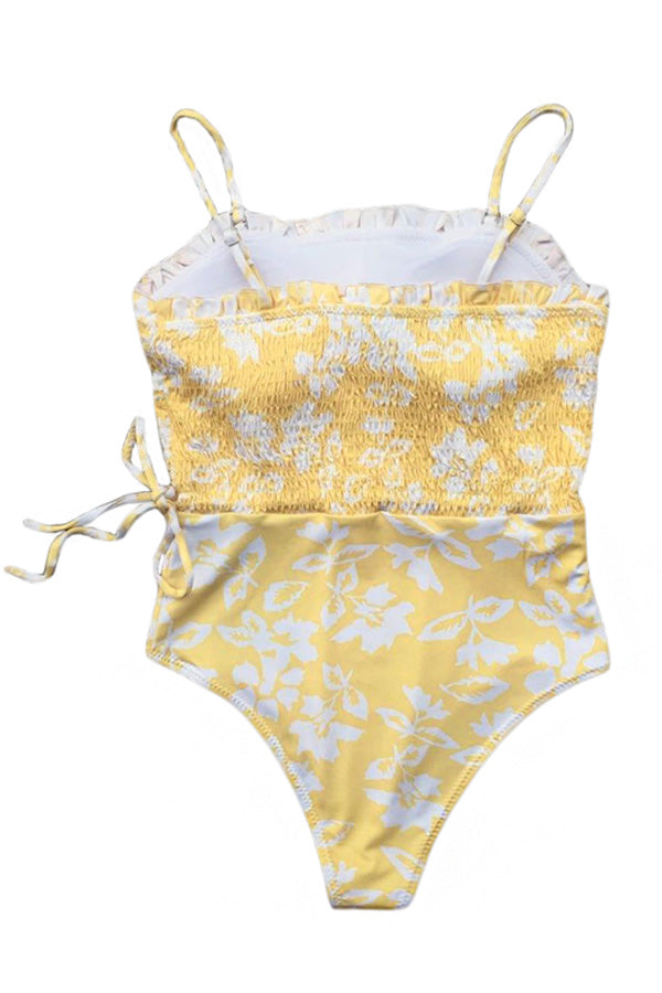 Yellow Fashion Side Tie Flower Print One Piece Swimsuit