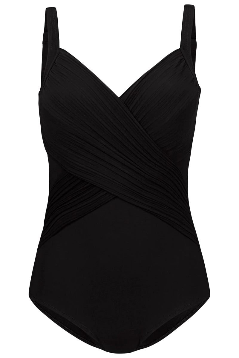 Black Pleated Cross Wrap Front Maillot