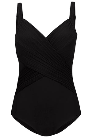 Black Pleated Cross Wrap Front Maillot
