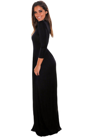 Black Pocket Design 3/4 Sleeves Maxi Dress