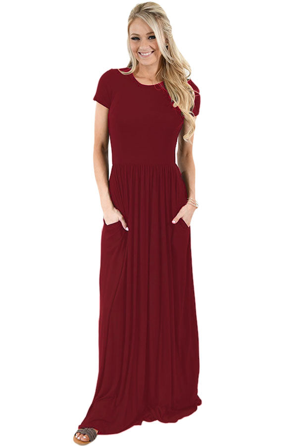 Wine Short Sleeve Ruched Waist Maxi Dress