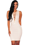 White Lace Up V Neck Sleeveless Bodycon Dress