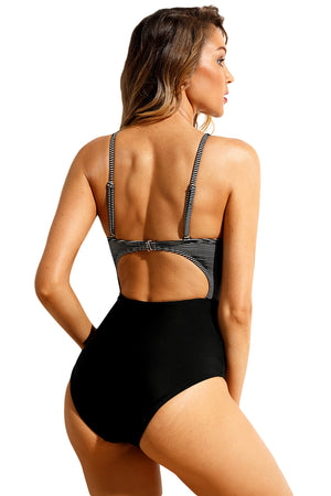 Black White Striped Cutout Tie Front Maillot Swimsuit