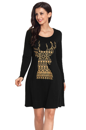 Geometric Snowflake Reindeer Black Christmas T-shirt Dress