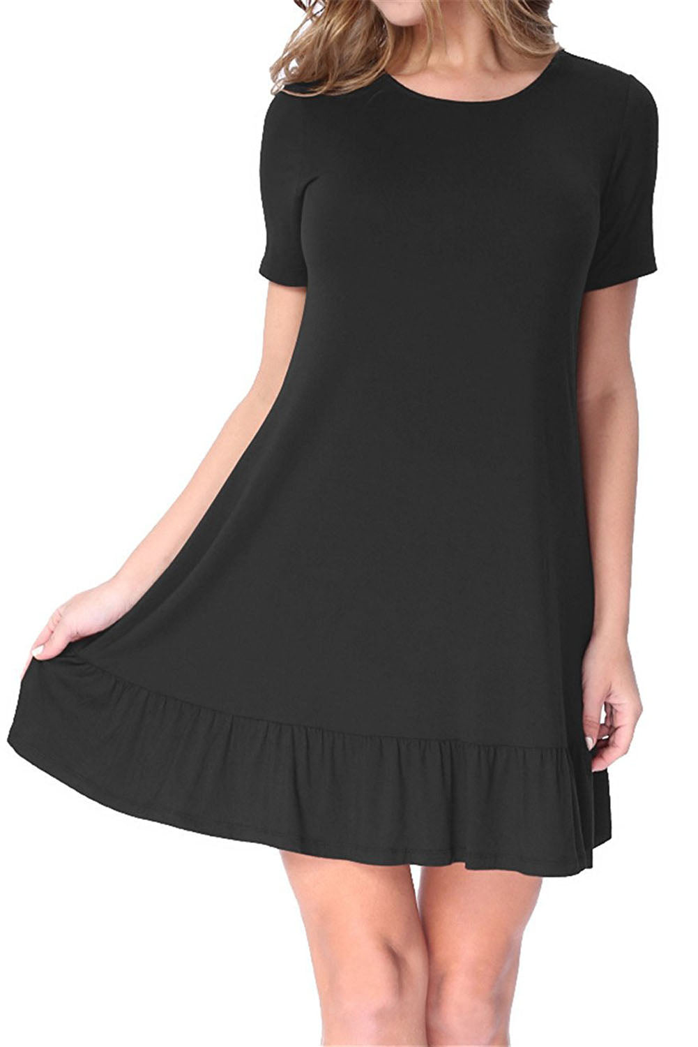 Black Short Sleeve Draped Hemline Casual Shirt Dress