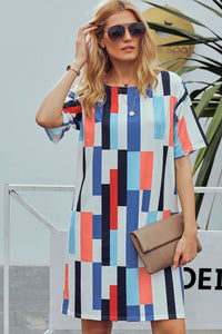 Blue Geometric Pattern Loose T-shirt Dress