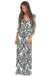 White Black Damask Print Wrap V Neck Boho Dress