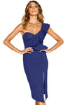 Navy Asymmetric Ruffled One Shoulder Midi Dress