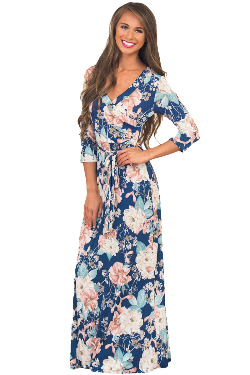 Slate Blue Floral Print Wrapped Long Boho Dress