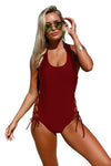 Purplish Red Lace up Side Accent Open Back One-piece Swimsuit