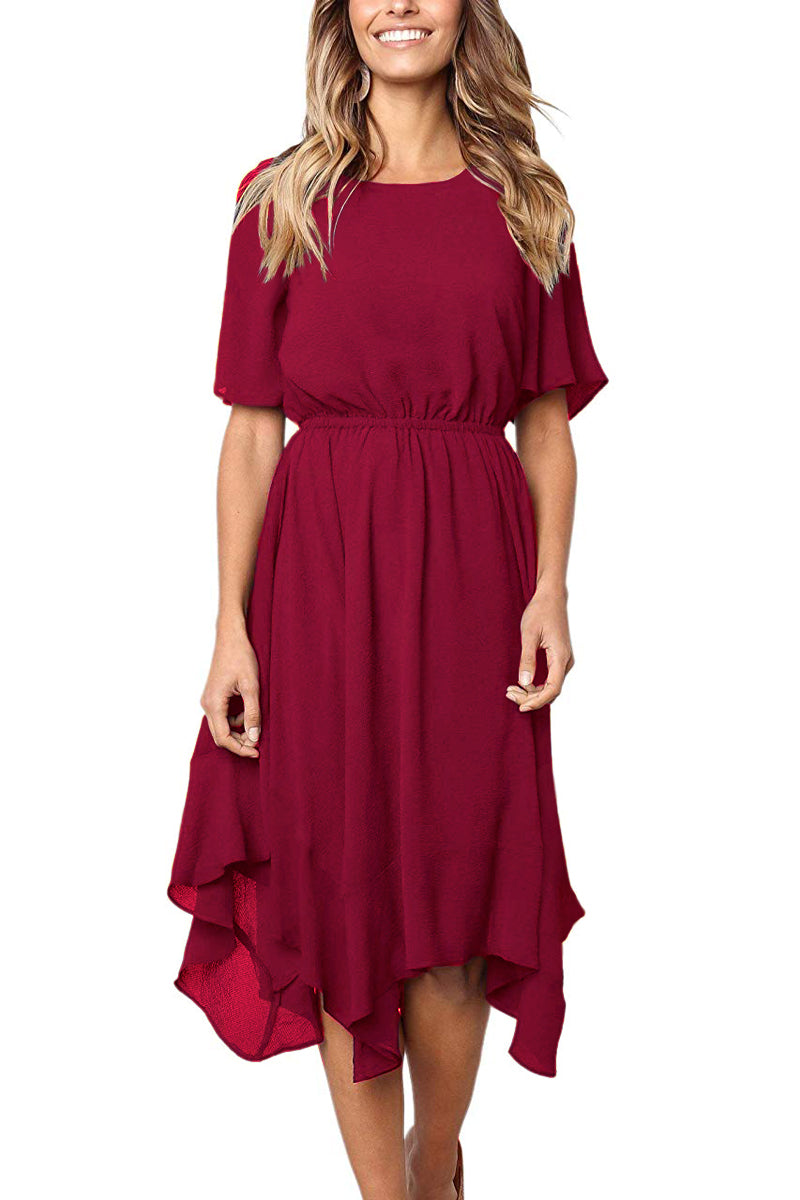 Red Chiffon Irregular Hem Short Sleeve Pleated Dress