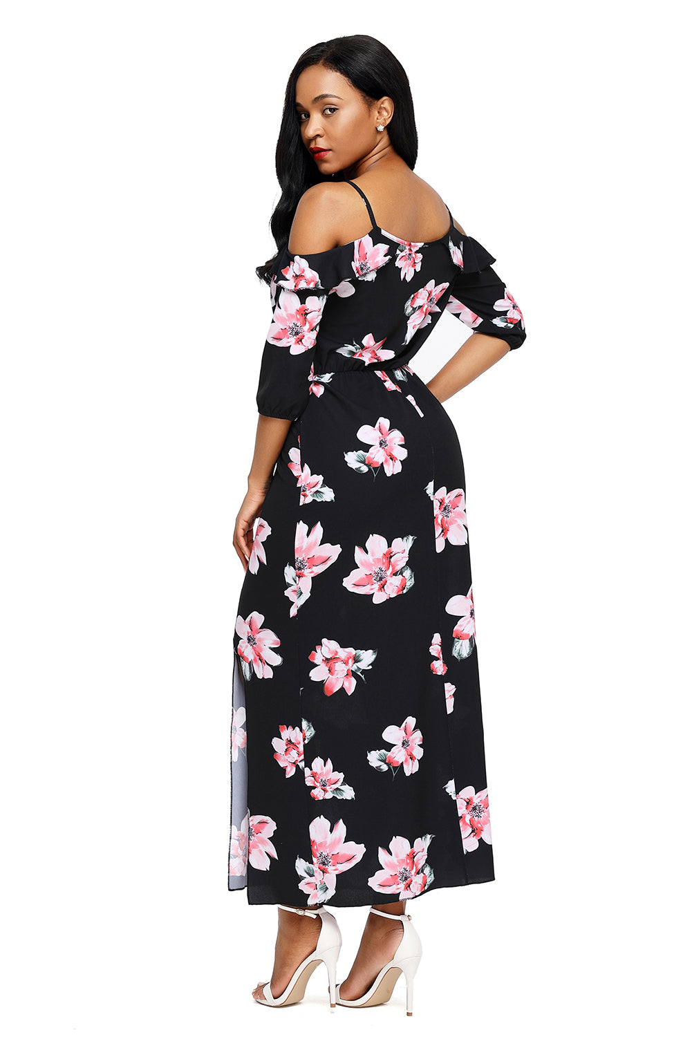 Black Cold Shoulder Floral Slit Maxi Dress
