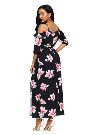 Black Cold Shoulder Floral Slit Maxi Dress