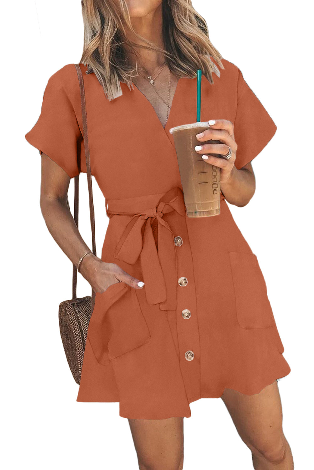 Orange Button Short Sleeve Casual Dress