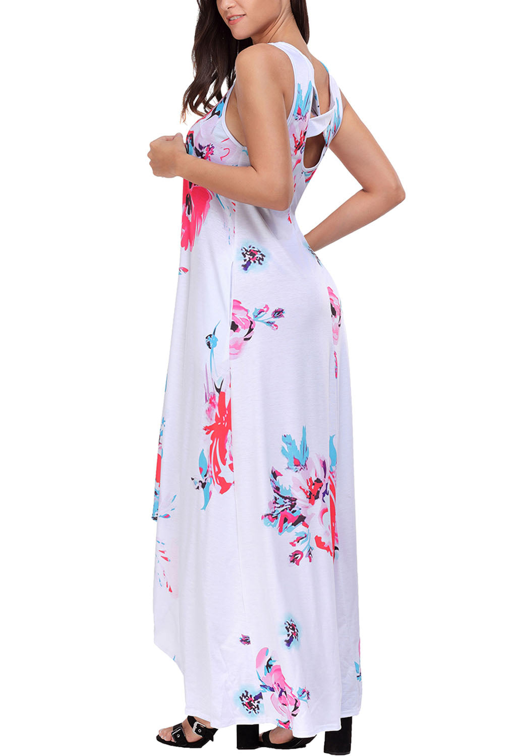 White Floral Pocketed Holiday Maxi Boho Dress