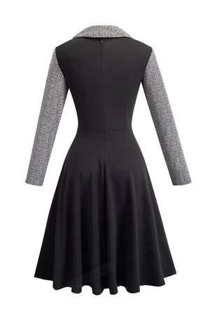 Gray Vintage Turn-Down Collar Pinup Button A-Line Dress