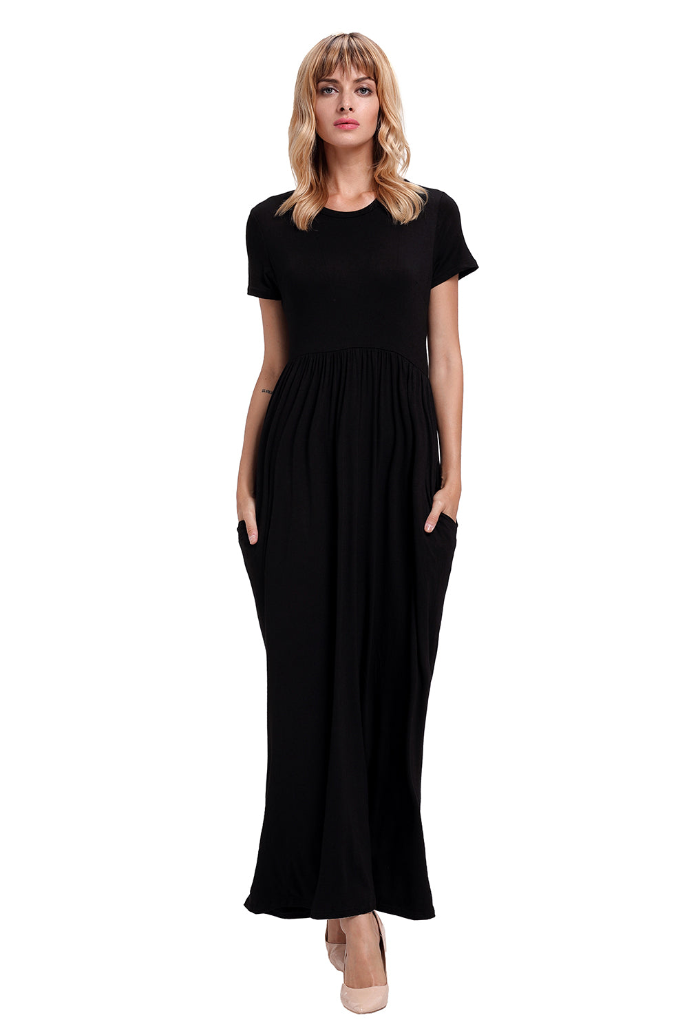 Black Short Sleeve Ruched Waist Maxi Dress