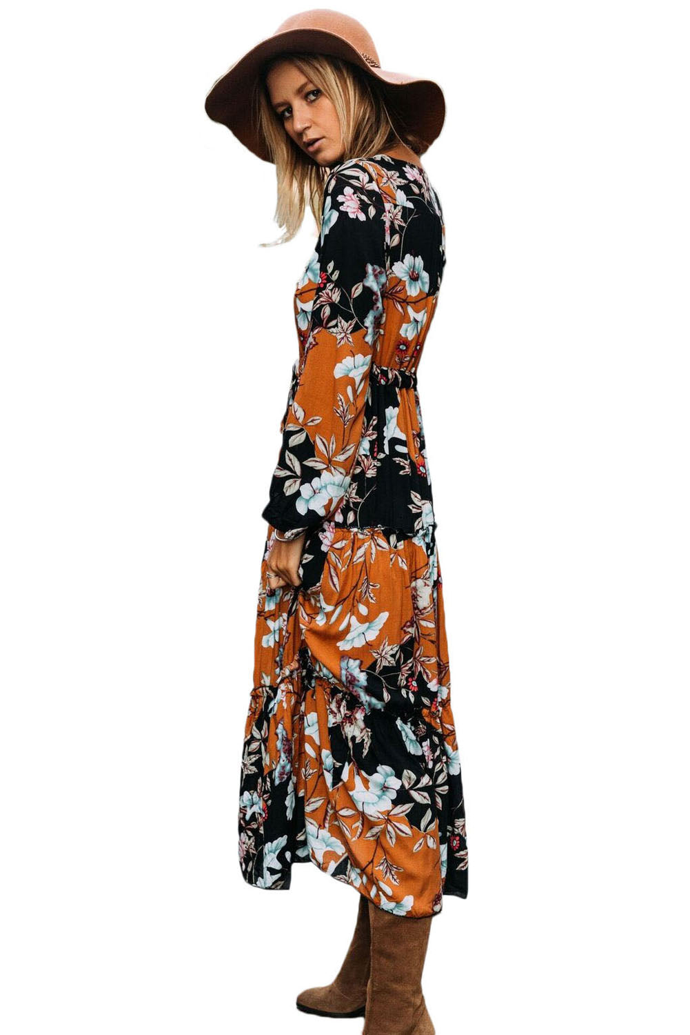 Black Mustard Floral Print Long Sleeve Boho Maxi Dress