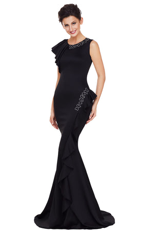 Black Asymmetric Pleats Detail Elegant Long Party Dress