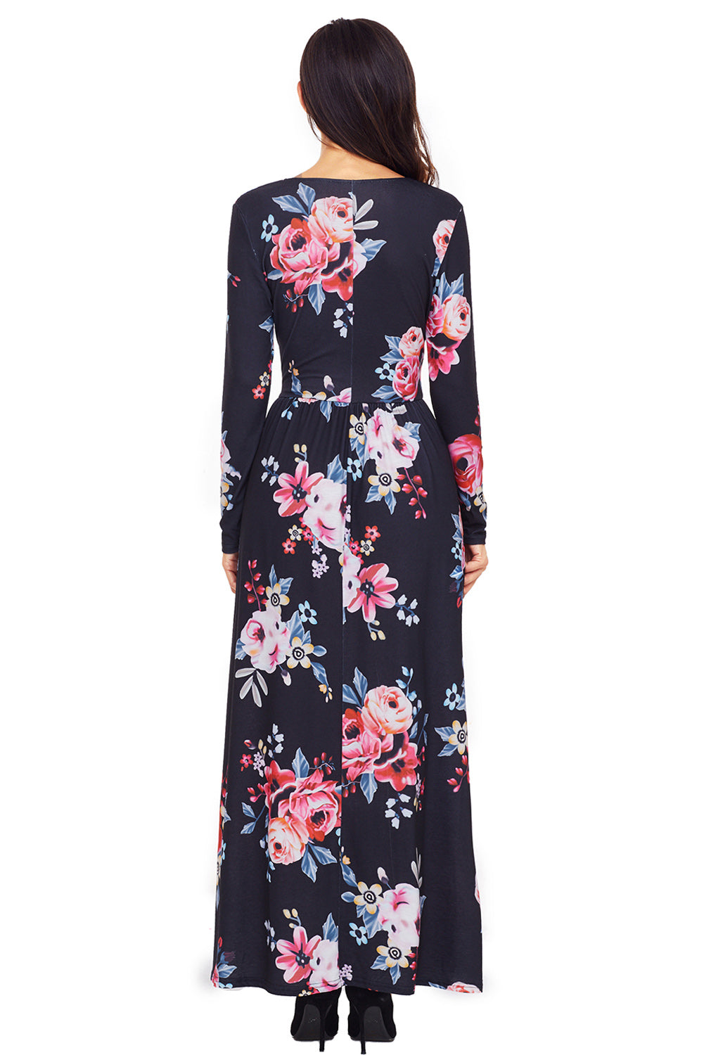 Black Floral Surplice Long Sleeve Maxi Boho Dress