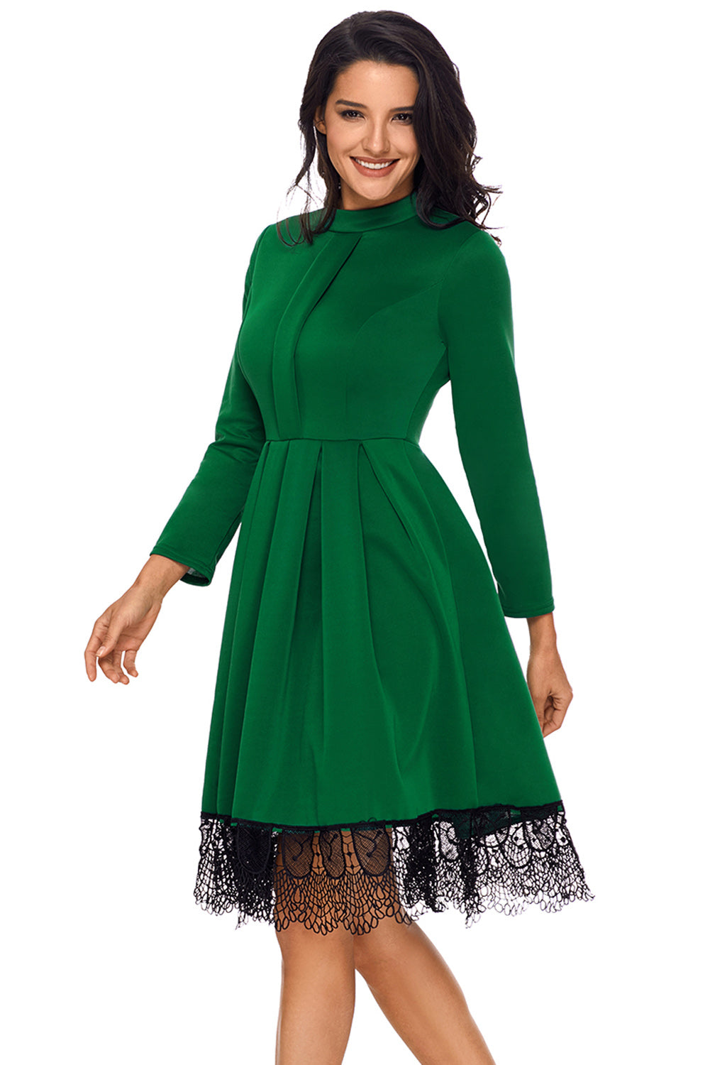 Lace Hemline Detail Green Long Sleeve Skater Dress
