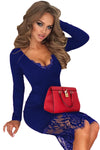 Royal Blue Eyelash Lace Overlay Long Sleeve Bodycon Dress
