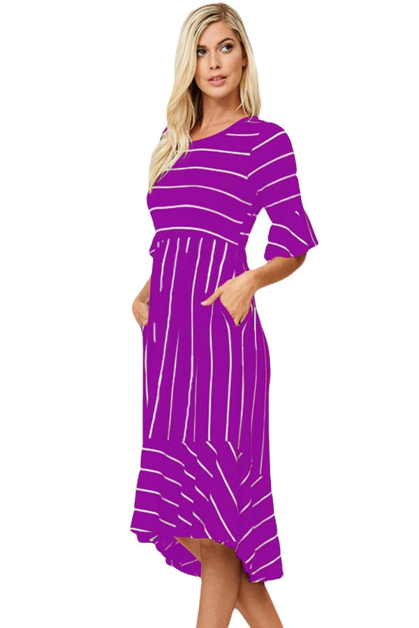 Purple White Striped Bell Sleeve Hi-low Midi Dress