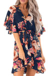 Blue Floral Print V Neck Wrap Dress with Ruffle Sleeves