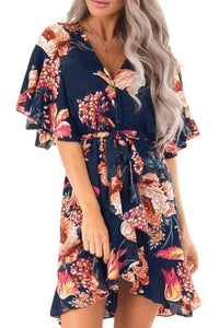 Blue Floral Print V Neck Wrap Dress with Ruffle Sleeves