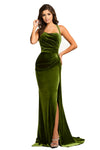 Green Thigh High Split Velvet Evening Gown