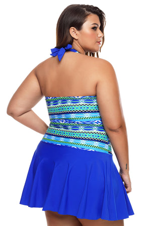 Aztec Print Royal Blue Halterneck One Piece Swimdress
