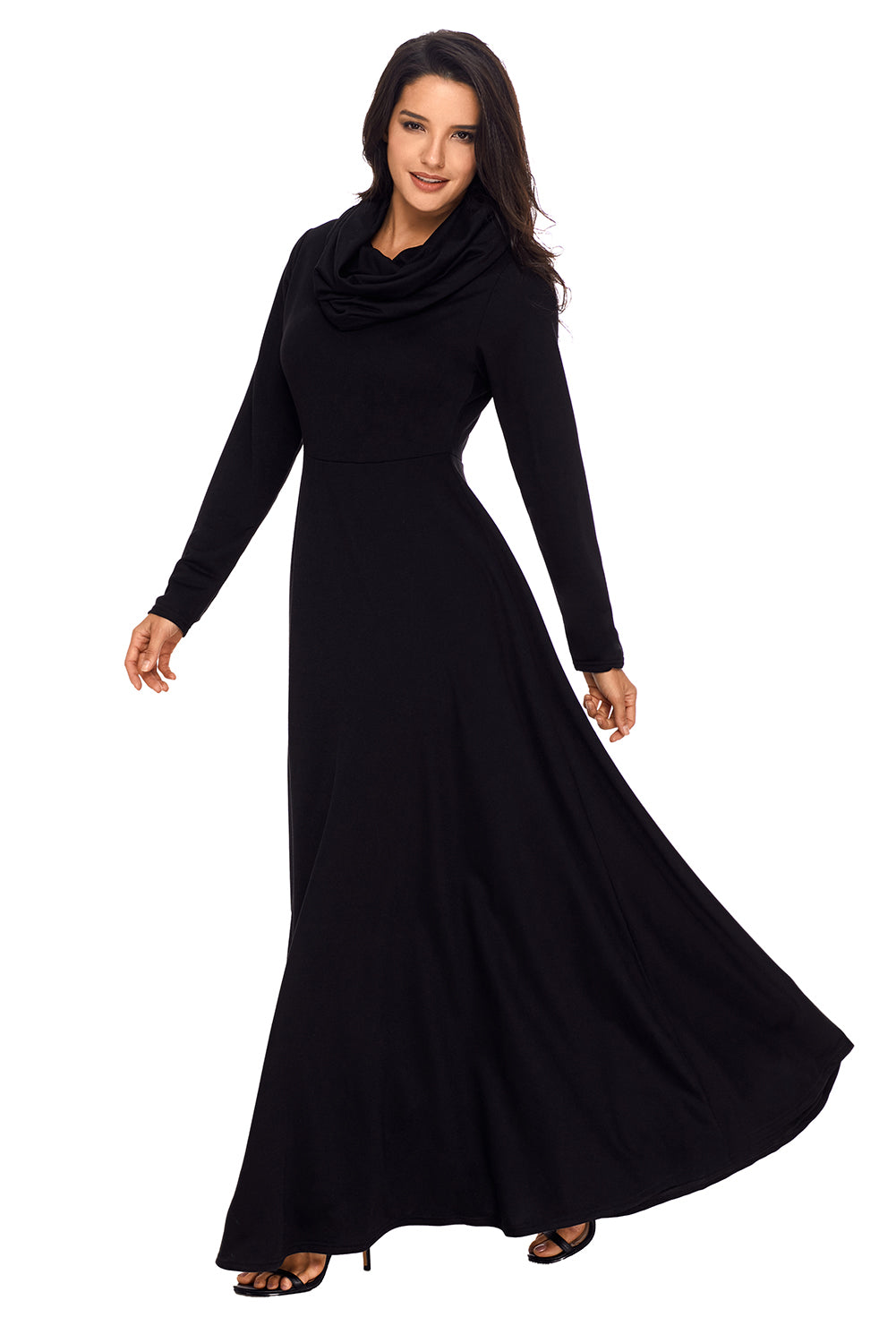 Black Cow Neck Long Sleeve Maxi Dress