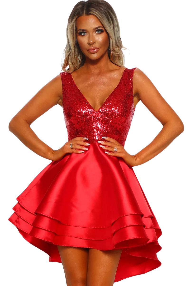 Heart Broken Red Gold Sequin Multi Layer Skater Dress