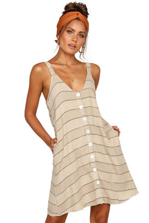 Khaki Buttoned Loose Fit Summer Slip Dress
