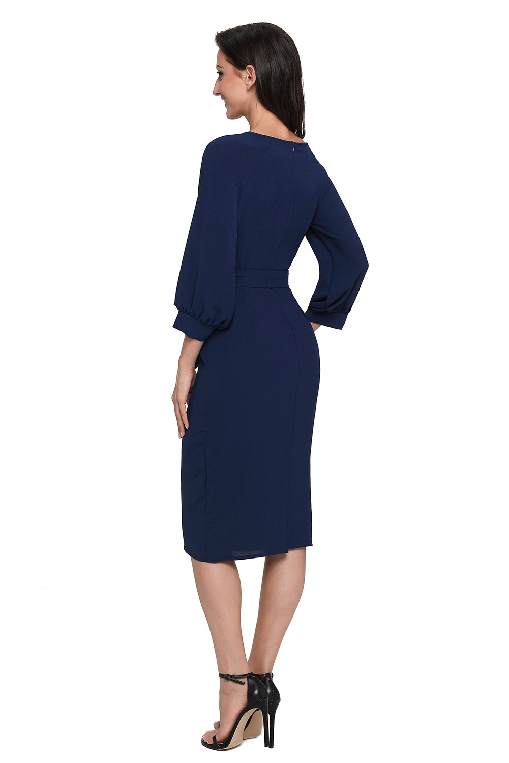 Blue Puff Sleeve Belt Chiffon Pencil Dress