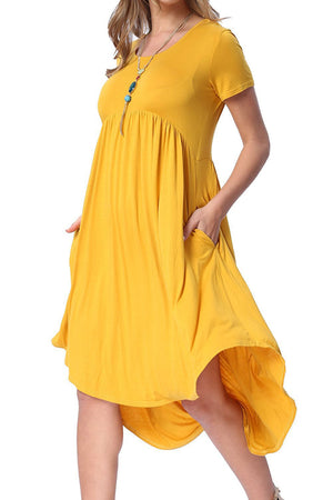 Yellow Short Sleeve High Low Pleated Casual Swing Dress