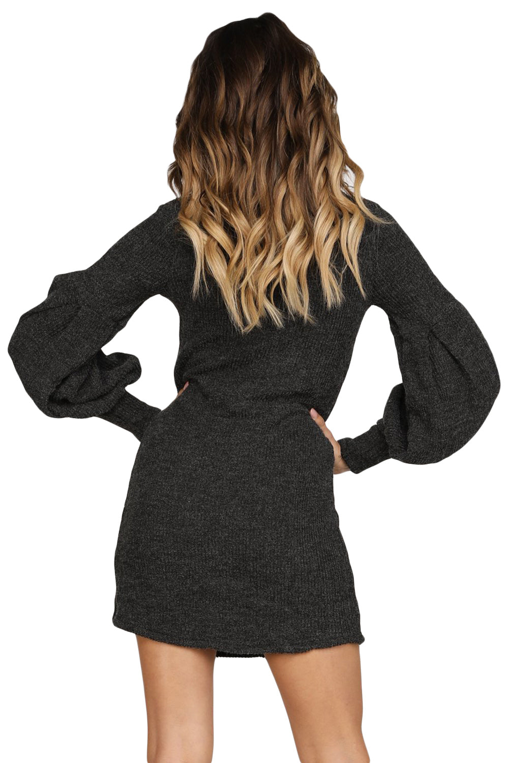 Black Corduroy Ribbed High Neck Mini Dress
