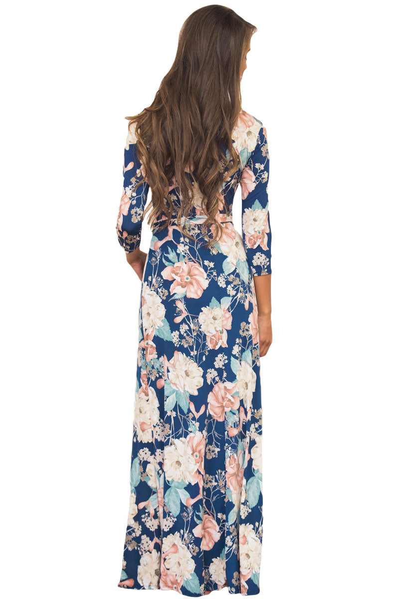 Slate Blue Floral Print Wrapped Long Boho Dress