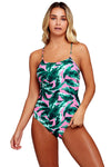 Pink Green Leaf Print Lace Up One Piece Swimsuit
