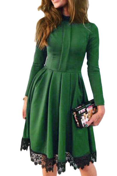 Lace Hemline Detail Green Long Sleeve Skater Dress