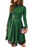 Lace Hemline Detail Green Long Sleeve Skater Dress