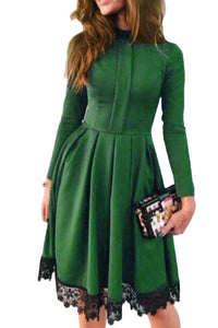 Lace Hemline Detail Green Long Sleeve Skater Dress